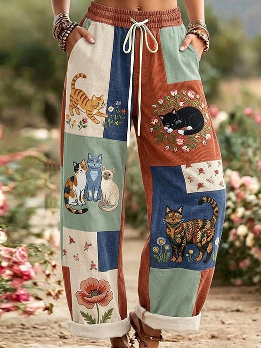 Pantalon décontracté rétro à imprimé floral et motifs chats pour femmes