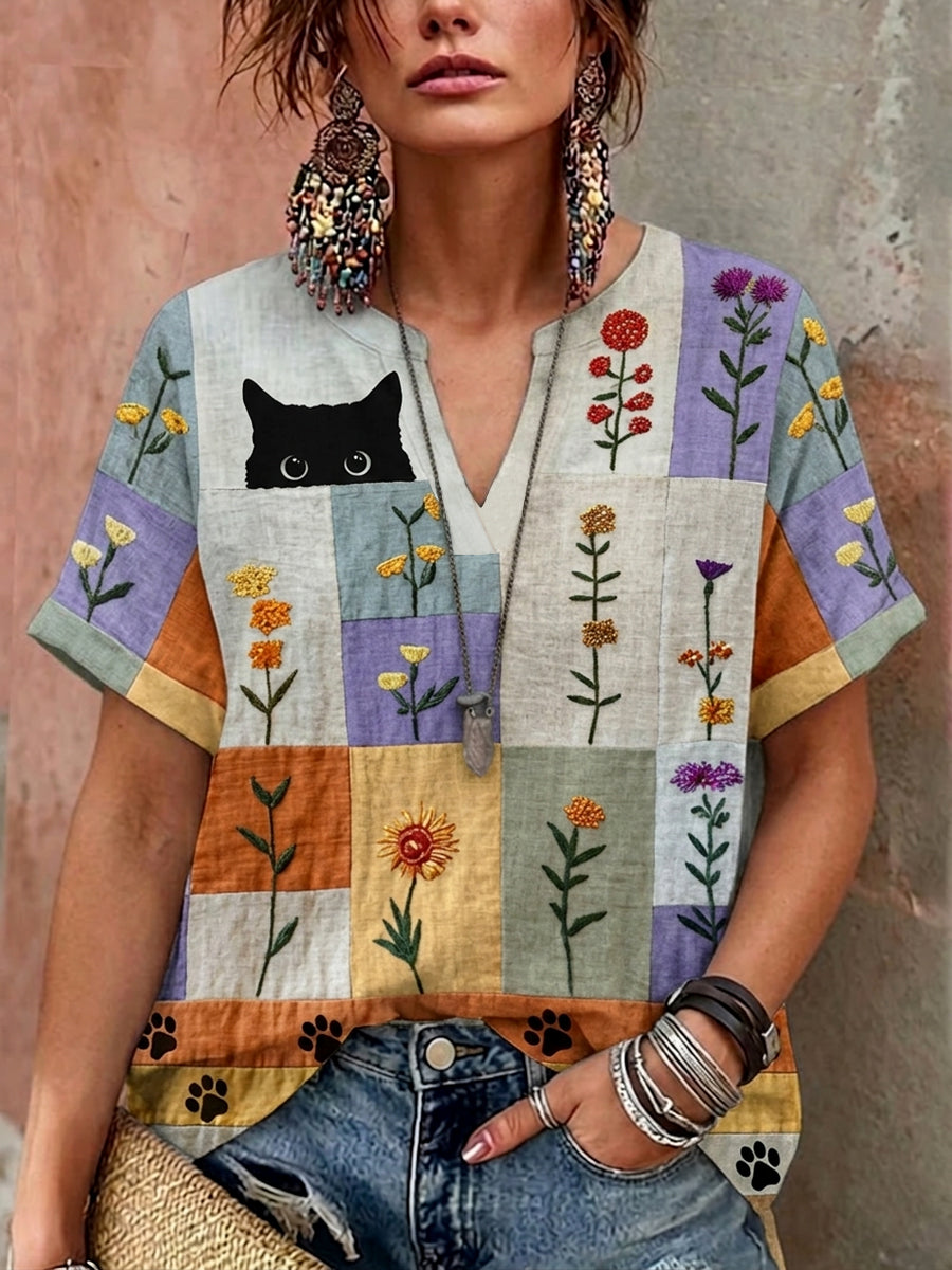 Chemise décontractée à col en V pour femmes, style rétro avec imprimé floral et motifs de chats