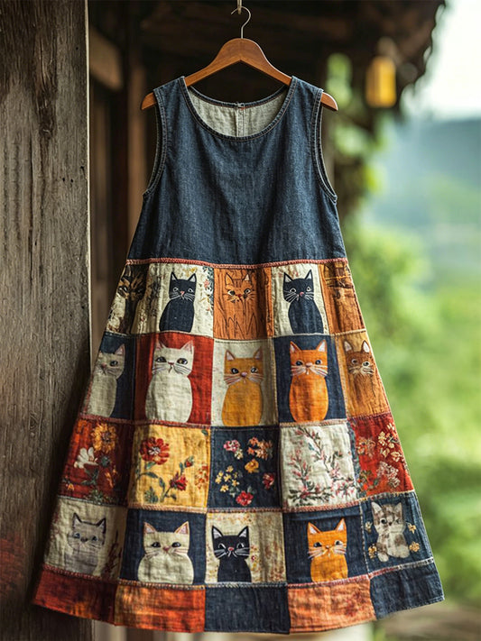 Robe mi-longue rétro fleurie à motifs animaux, sans manches, pour femme