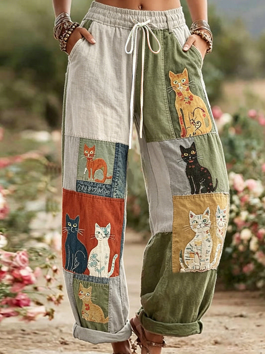 Pantalon décontracté rétro à imprimé chat pour femme