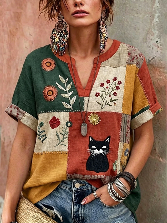 Chemise décontractée à col en V pour femmes, style rétro avec imprimé floral et motifs de chats