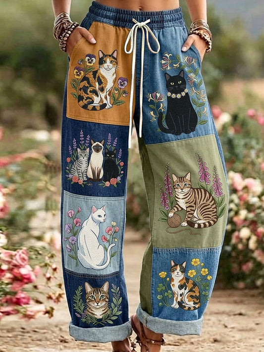 Pantalon décontracté rétro à imprimé floral et motifs chats pour femmes