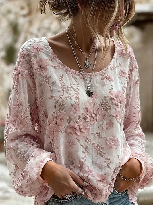 Haut décontracté en coton-lin pour femme, imprimé floral vintage