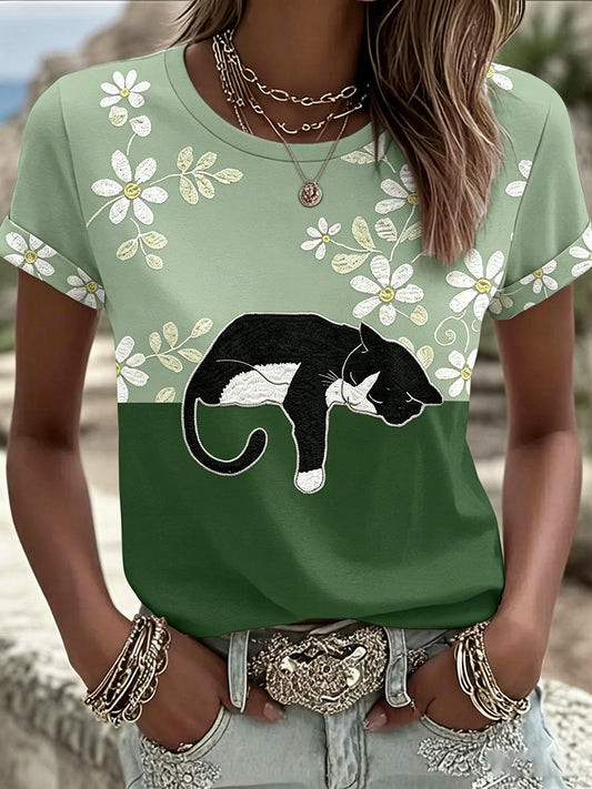 T-shirt décontracté pour femme, noir, motif chat avec fleurs, manches courtes