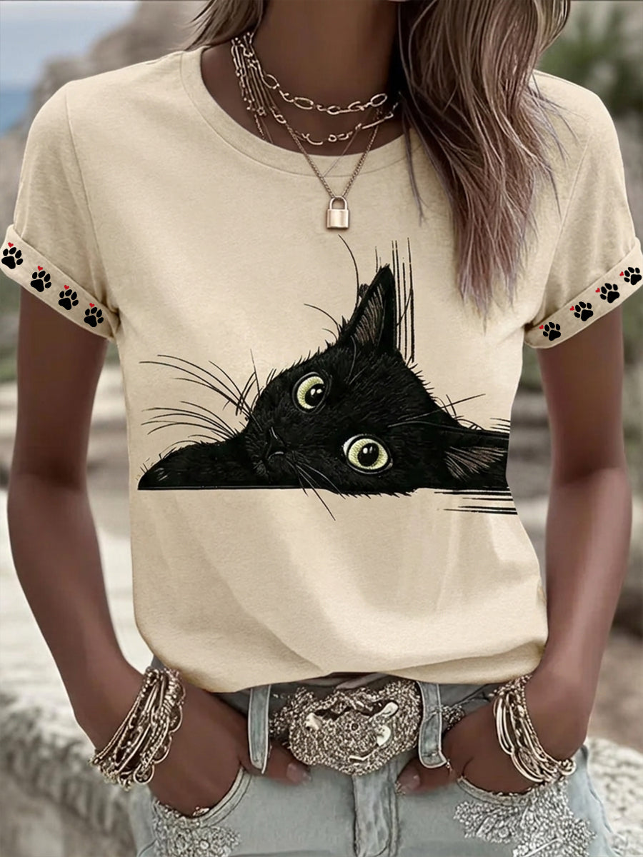 T-shirt décontracté à manches courtes pour femmes, motif artistique de chat noir