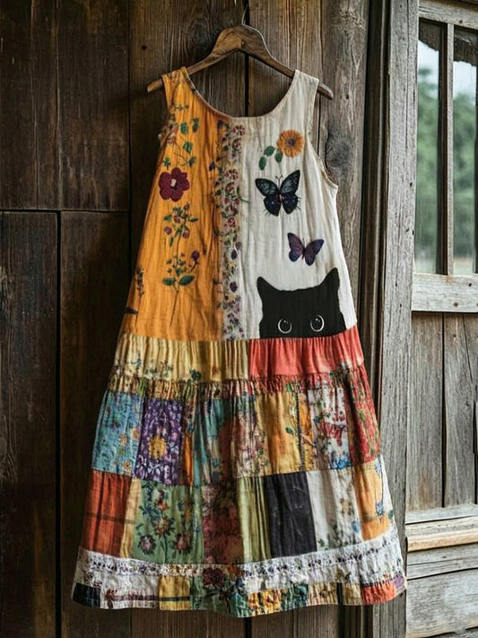 Robe mi-longue décontractée sans manches pour femme, style rétro, imprimé fleurs et chats
