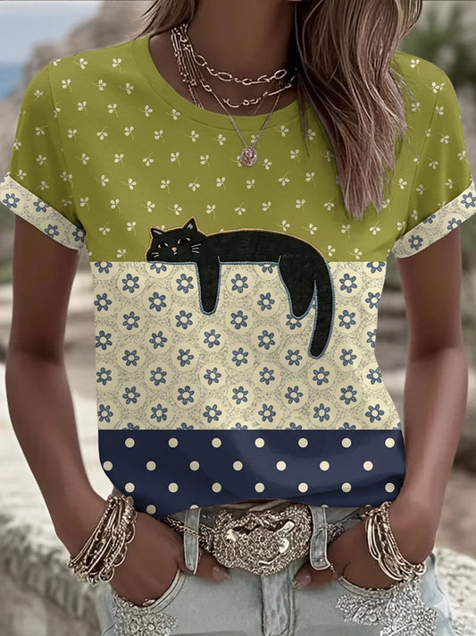T-shirt décontracté pour femme, noir, motif chat avec fleurs, manches courtes