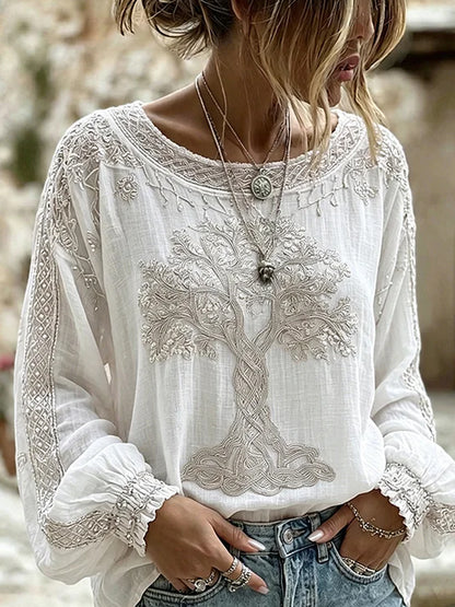 Haut décontracté en coton-lin pour femme, imprimé floral vintage