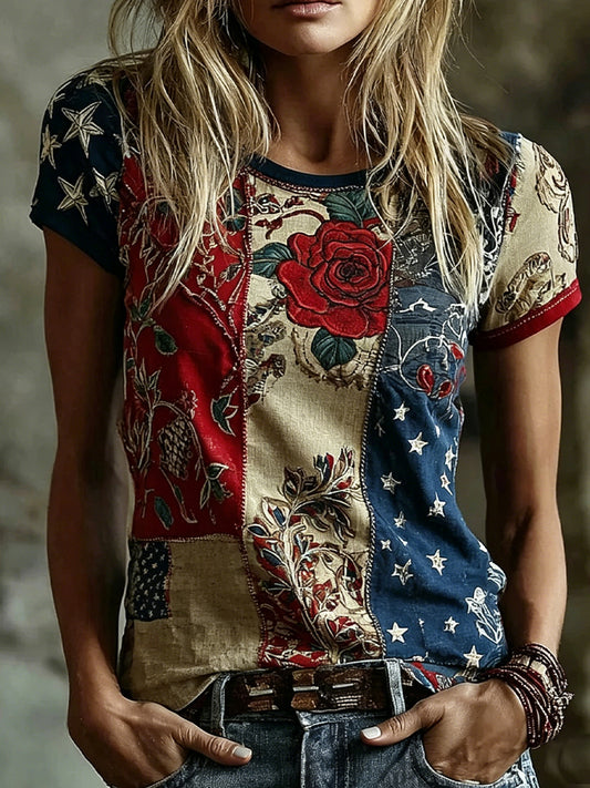 Haut décontracté en coton-lin pour femme, imprimé floral vintage