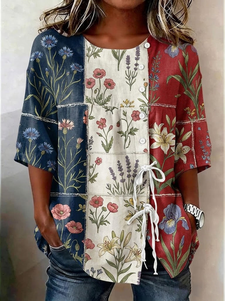 Femme Imprimé Floral Patchwork Coton-Lin Haut Bouton Devant Avec Cravates