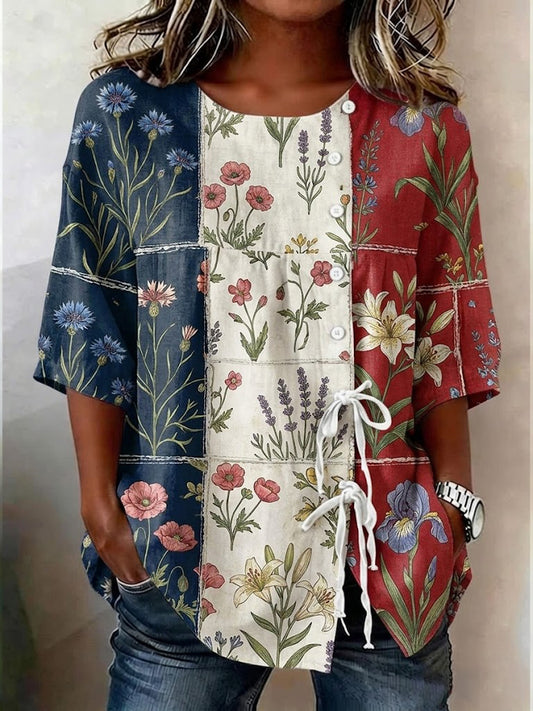Femme Imprimé Floral Patchwork Coton-Lin Haut Bouton Devant Avec Cravates