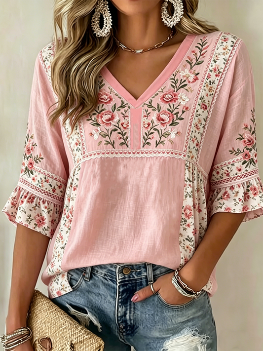T-shirt femme à manches mi-longues, col en V, imprimé floral