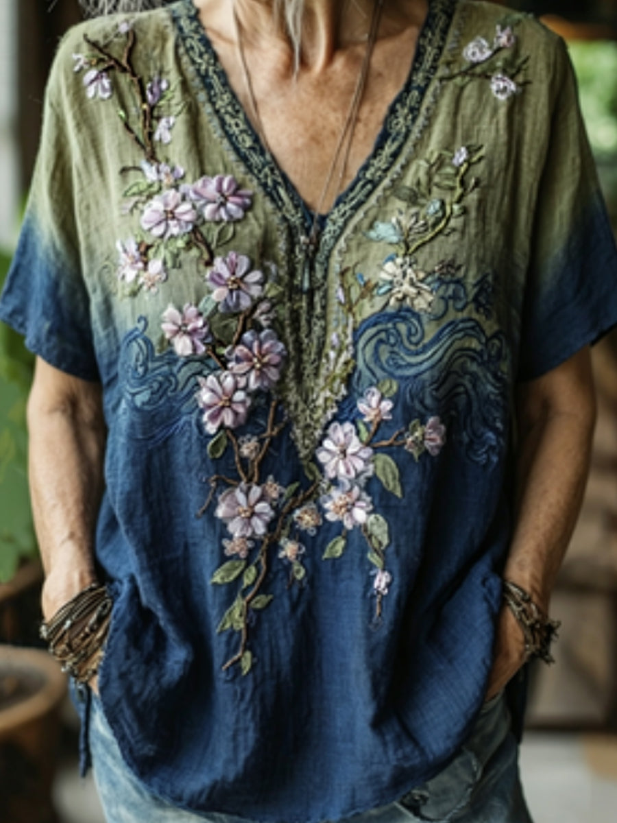 T-shirt en lin à manches courtes pour femme, élégant, dégradé de couleurs, motif brodé de fleurs de cerisier japonaises sakura et de vagues marines