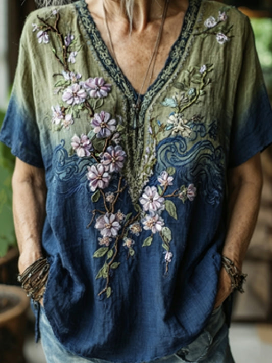 T-shirt en lin à manches courtes pour femme, élégant, dégradé de couleurs, motif brodé de fleurs de cerisier japonaises sakura et de vagues marines