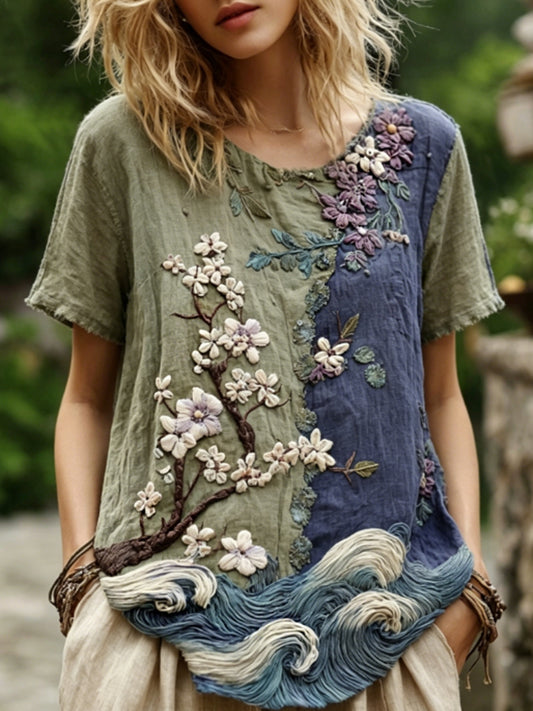 T-shirt en lin pour femme, élégant, dégradé, motif brodé de fleurs de cerisier japonaises sakura et vagues marines