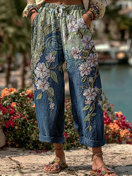 Pantalon décontracté en lin pour femme, à motif brodé dégradé représentant des fleurs de cerisier japonaises sakura et des vagues de la mer