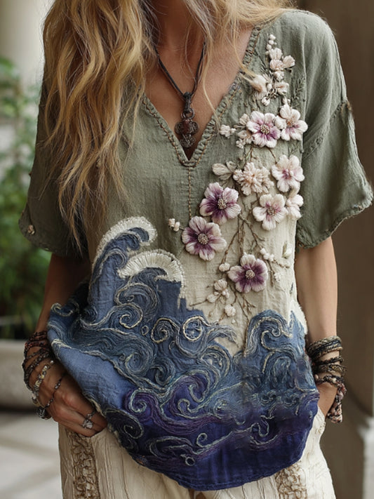 T-shirt en lin à manches courtes pour femme, élégant, dégradé de couleurs, motif brodé de fleurs de cerisier japonaises sakura et de vagues marines