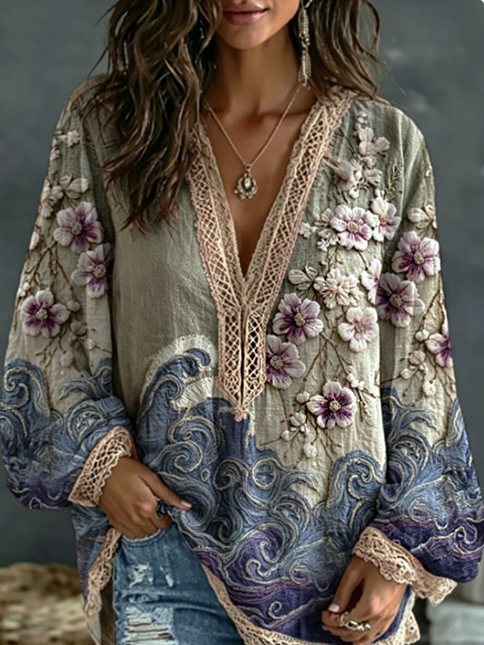 Chemise en lin à manches longues, col en V, motif brodé de dégradé élégant représentant des fleurs de cerisier japonaises sakura et des vagues de la mer, pour femme