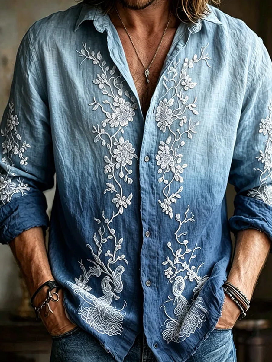 Chemise décontractée en coton-lin imprimée d'art brodé rétro