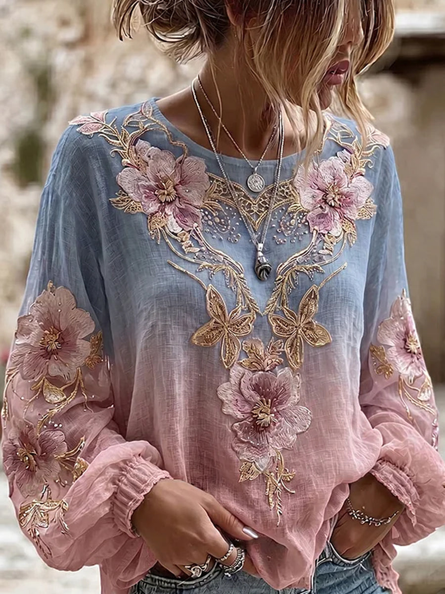 Imprimé d'art floral rétro, haut décontracté en coton-lin