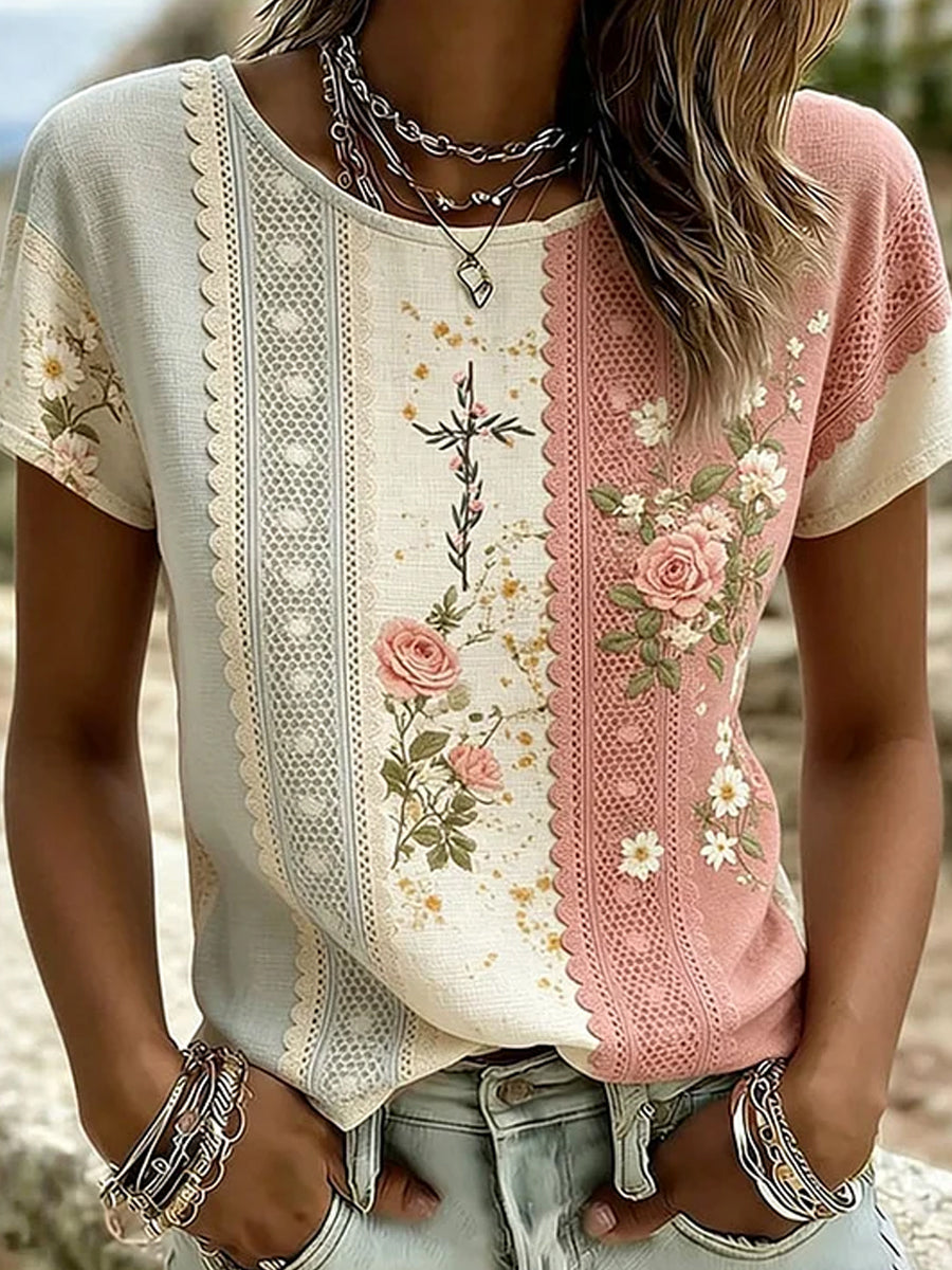 T-shirt décontracté en coton et lin rétro imprimé floral