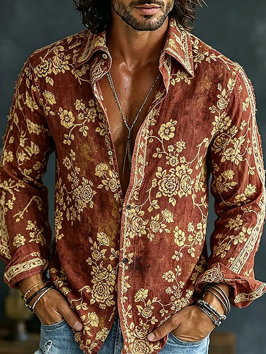 Chemise décontractée en coton-lin avec impression artistique brodée style rétro