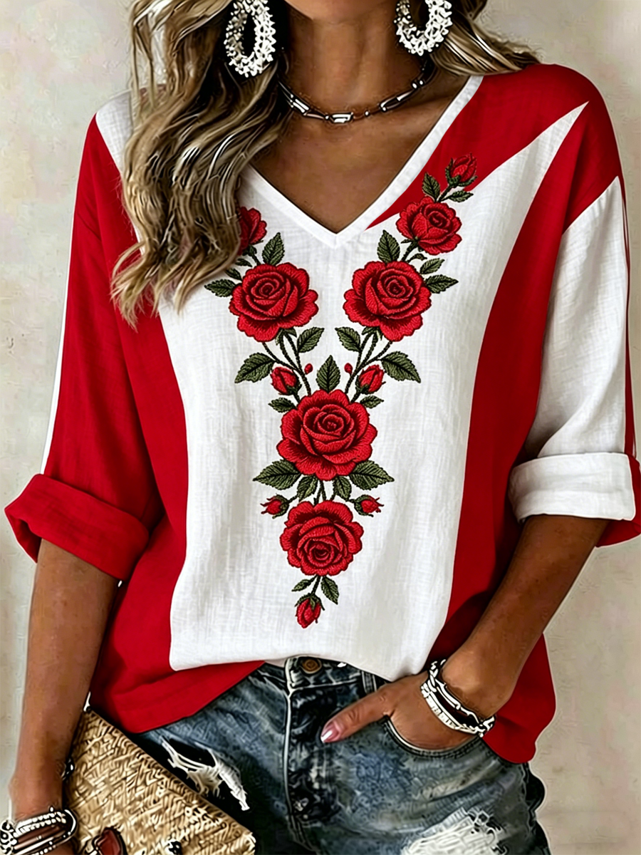 T-shirt femme à manches mi-longues, col en V, imprimé floral