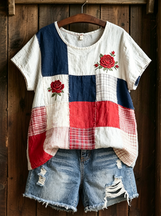 T-shirt pour femme en lin à manches courtes avec imprimé roses