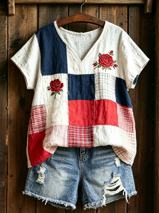 T-shirt femme en lin à manches courtes avec imprimé floral