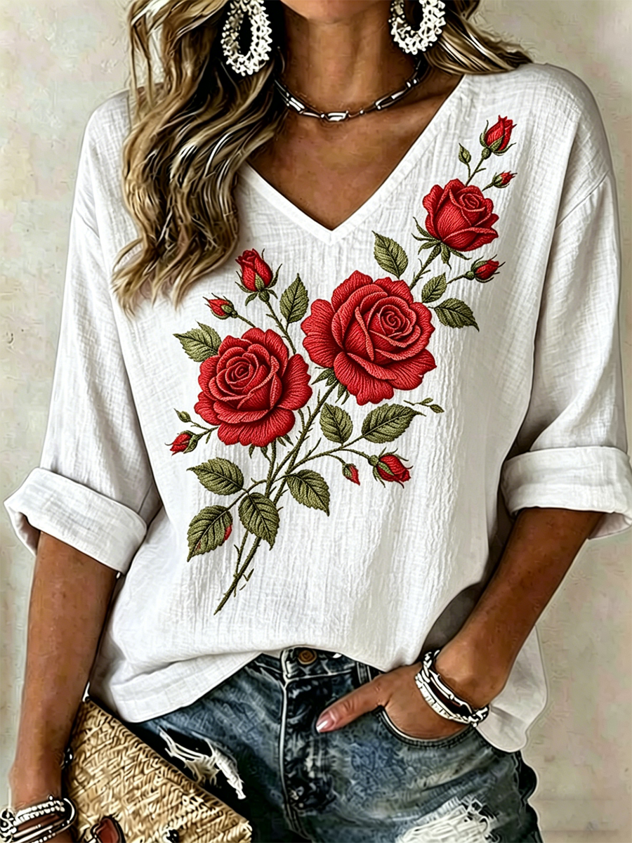T-shirt femme à manches mi-longues, col en V, imprimé floral