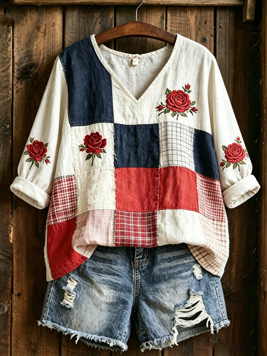 T-shirt femme à manches mi-longues, col en V, imprimé floral
