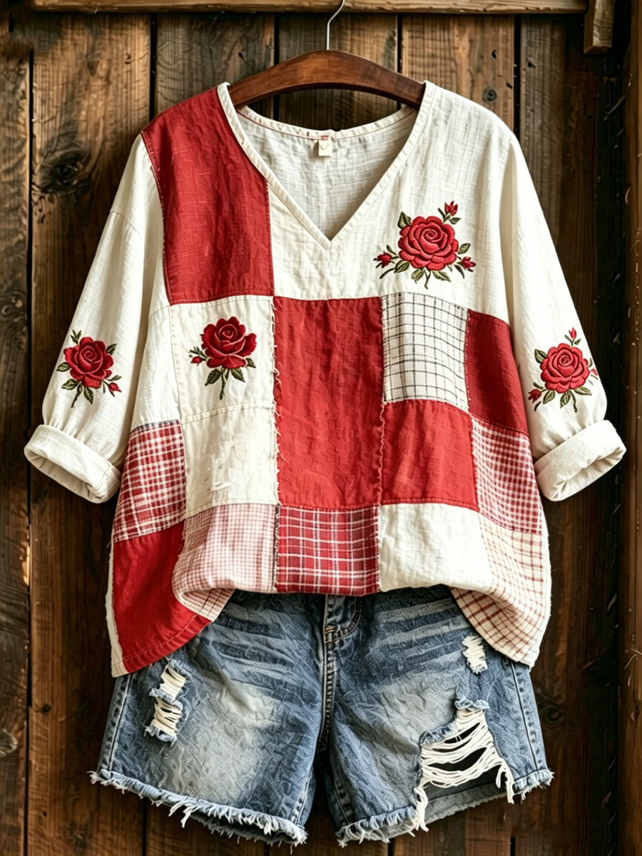 T-shirt femme à manches mi-longues, col en V, imprimé floral