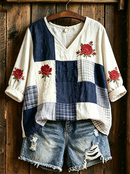 T-shirt femme à manches mi-longues, col en V, imprimé floral