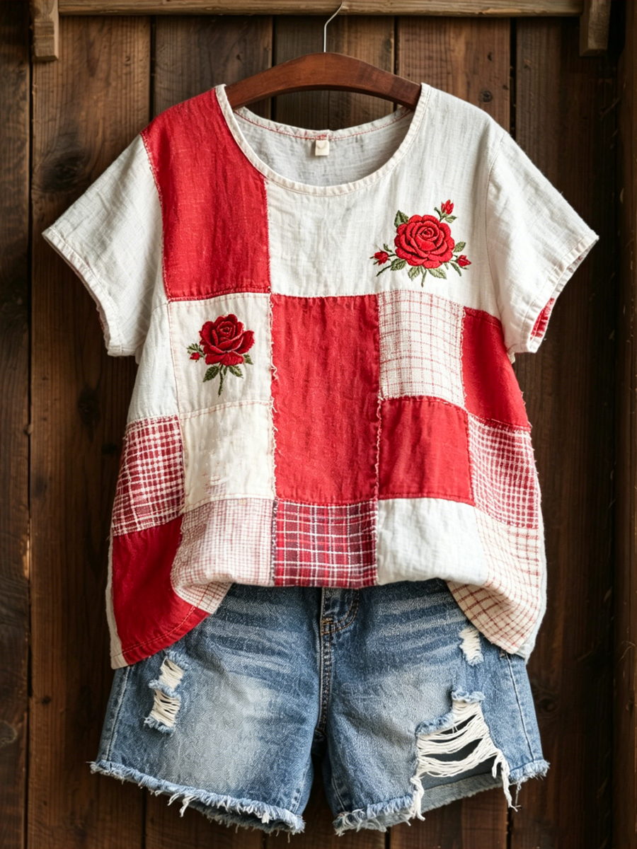 T-shirt pour femme en lin à manches courtes avec imprimé roses