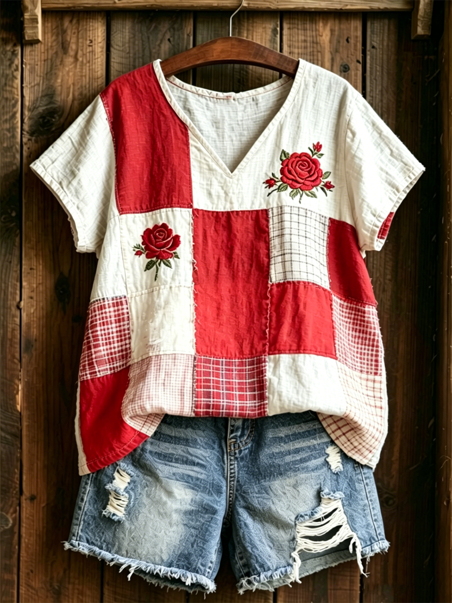 T-shirt femme en lin à manches courtes avec imprimé floral