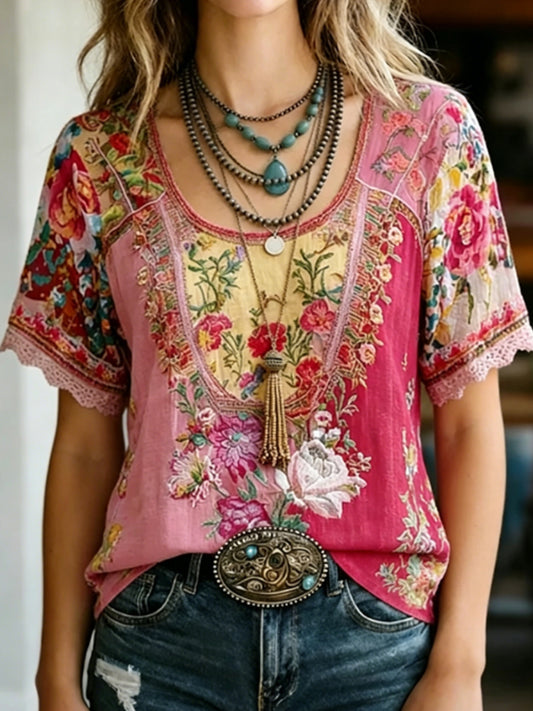 T-shirt rétro pour femmes en lin, brodé de fleurs, à manches courtes