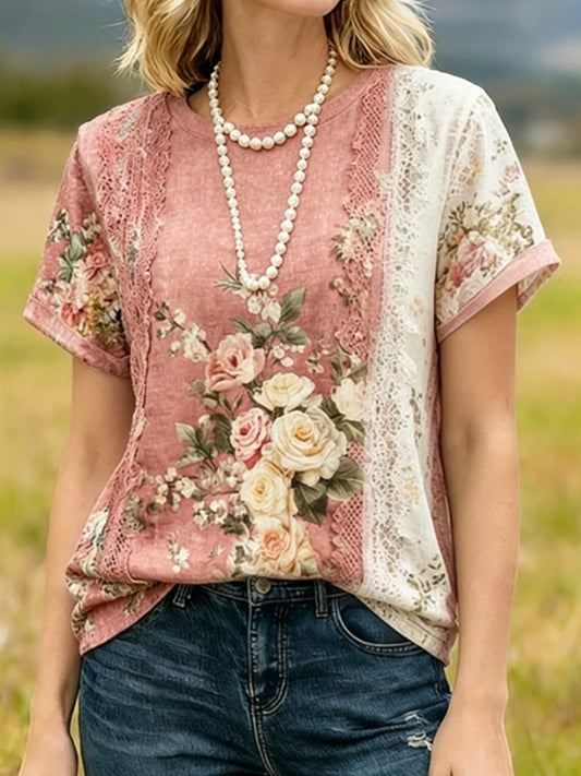 T-shirt vintage pour femmes à manches courtes en lin, avec patchwork de dentelle et imprimé floral