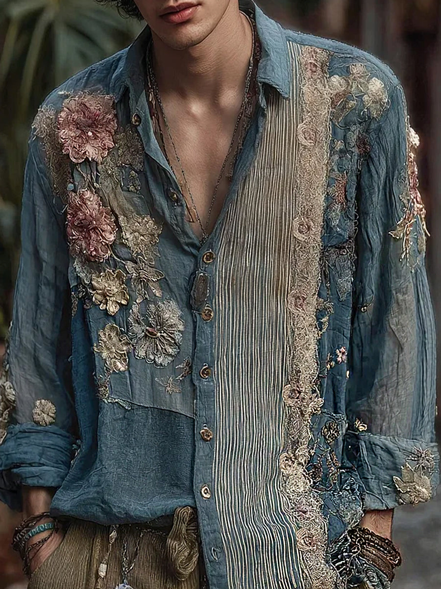 Chemise décontractée en coton-lin avec impression artistique brodée style rétro