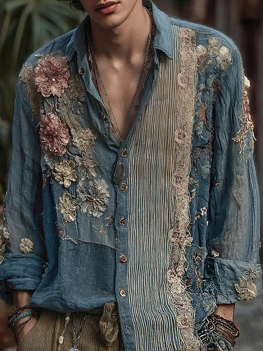 Chemise décontractée en coton-lin avec impression artistique brodée style rétro