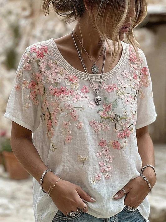 T-shirt décontracté en coton-lin avec impression d'art floral rétro