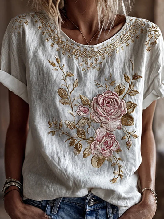 T-shirt décontracté en coton-lin avec impression d'art floral rétro