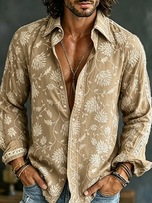Chemise décontractée en coton-lin avec impression artistique brodée style rétro