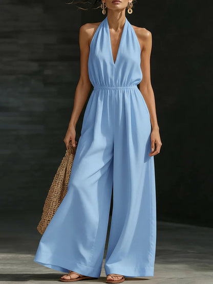 Casual Solid Color V-Neck Halter Backless Jumpsuit des femmes