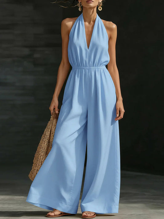 Casual Solid Color V-Neck Halter Backless Jumpsuit des femmes