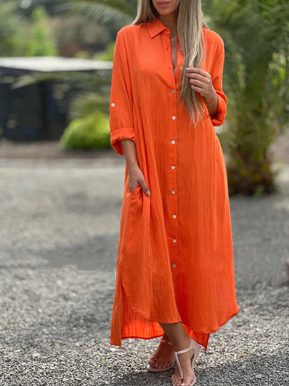 Robe longue de chemise de couleur unie décontractée pour femmes
