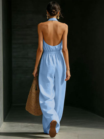 Casual Solid Color V-Neck Halter Backless Jumpsuit des femmes