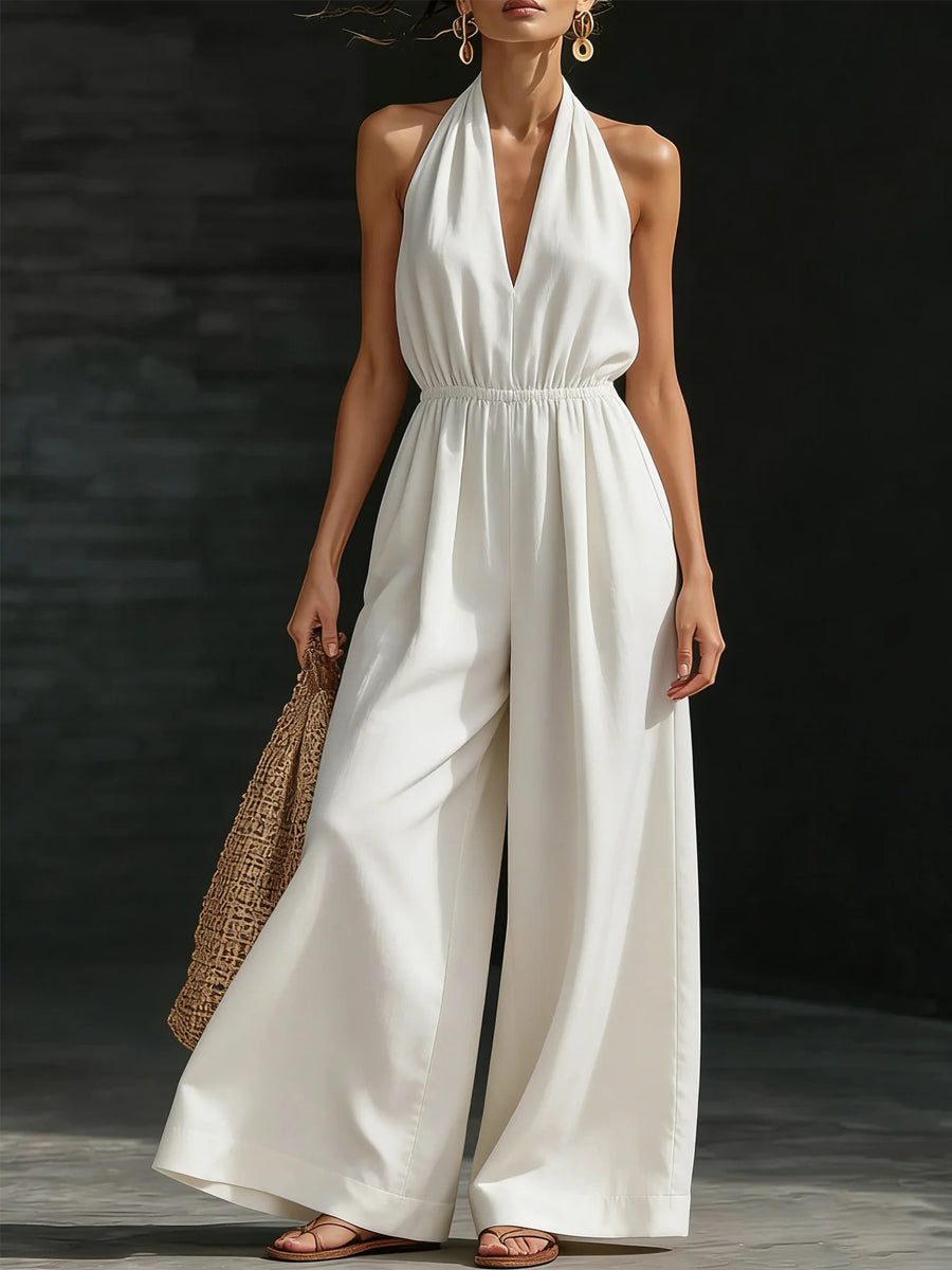 Casual Solid Color V-Neck Halter Backless Jumpsuit des femmes