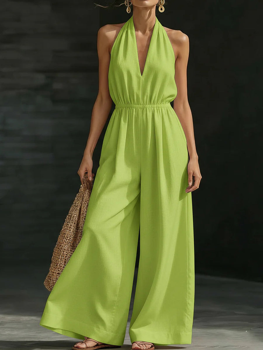 Casual Solid Color V-Neck Halter Backless Jumpsuit des femmes