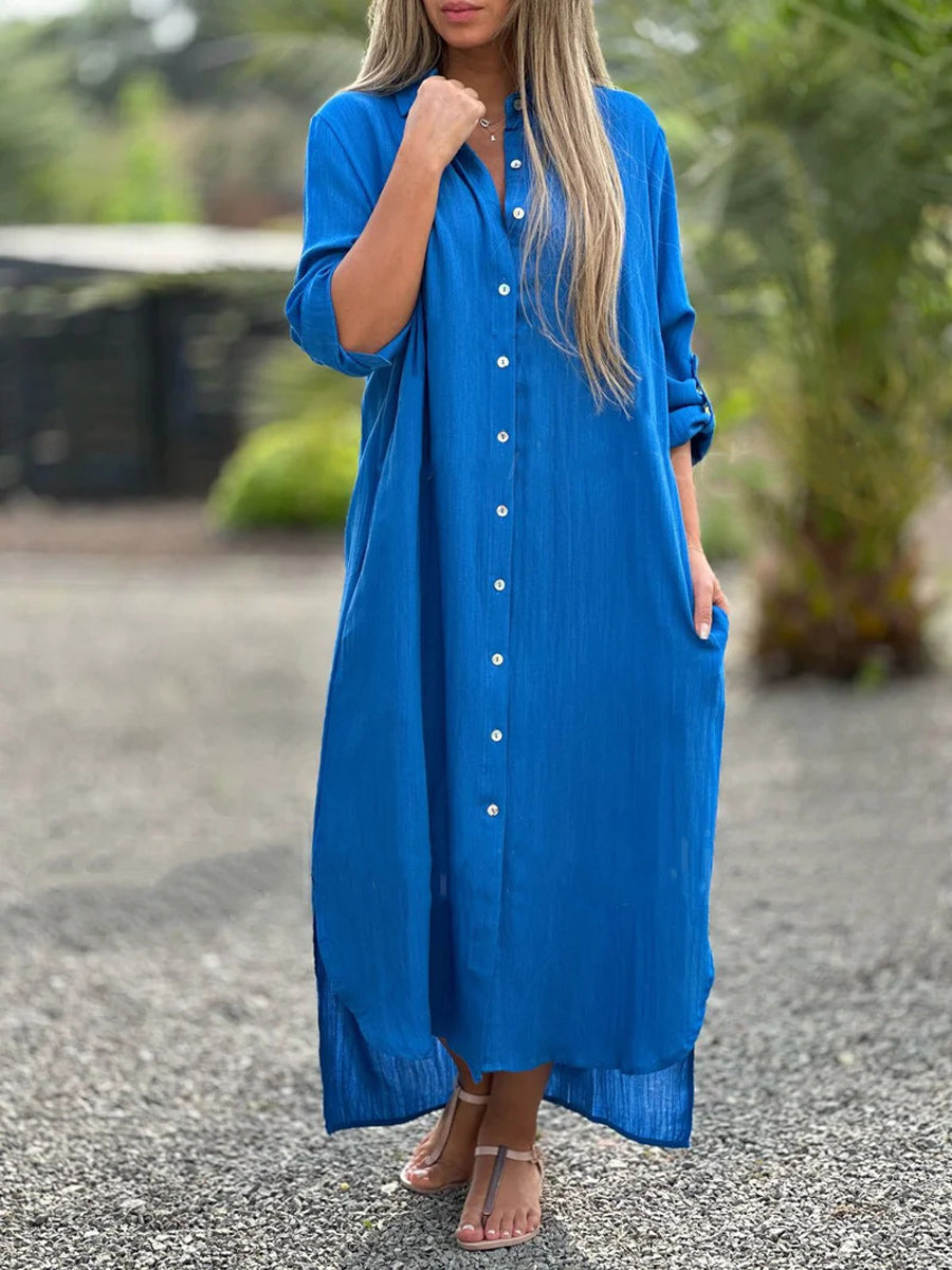 Robe longue de chemise de couleur unie décontractée pour femmes