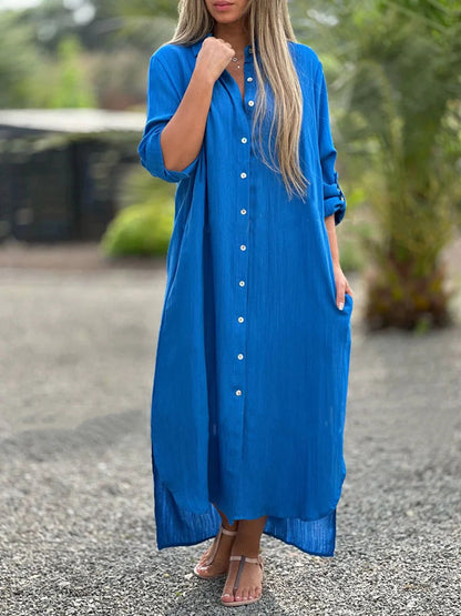 Robe longue de chemise de couleur unie décontractée pour femmes
